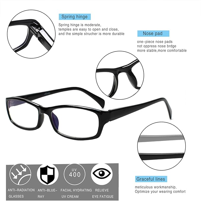 Henotin 6-Pack Reading Glasses Blue Light Blocking Anti Eyestrain Computer Reading Glasses for Women and Men Readers (Transparent White, 2.00, Diopters)