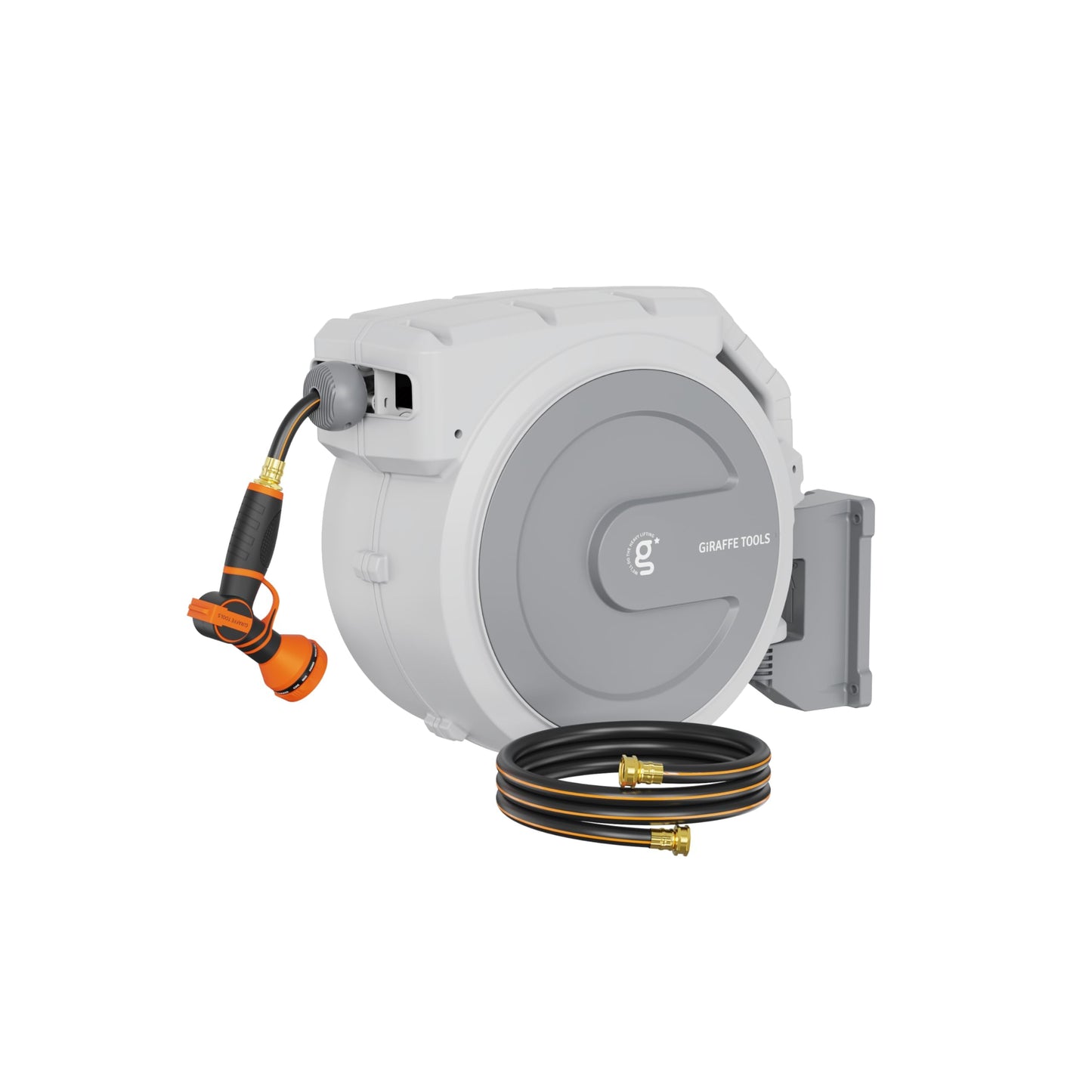 Giraffe Tools Heavy Duty Retractable Garden Hose Reel 1/2 130 FT, Wall Mounted with 9 Pattern Nozzle & Detachable Leader Hose, 180Â° Swivel Bracket, Any Length Lock, Commercial Grade (Light Grey)