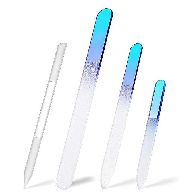 4 Pcs Glass Nail File Set Nail Files and Cuticle Pusher Double Sided Crystal Fingernail Buffers for Women Natural Fingernail Manicure Pedicure Toenail Buffer Cuticle Trimmer
