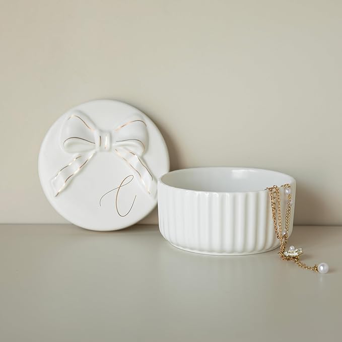 COLLECTIVE HOME - Monogram Jewelry Box with Bow, Christmas Gift Ideas for Women, Small Gift for Girlfriend Wife, Ring Holder, Earrings Dish, Birthday Gift for Her (C)
