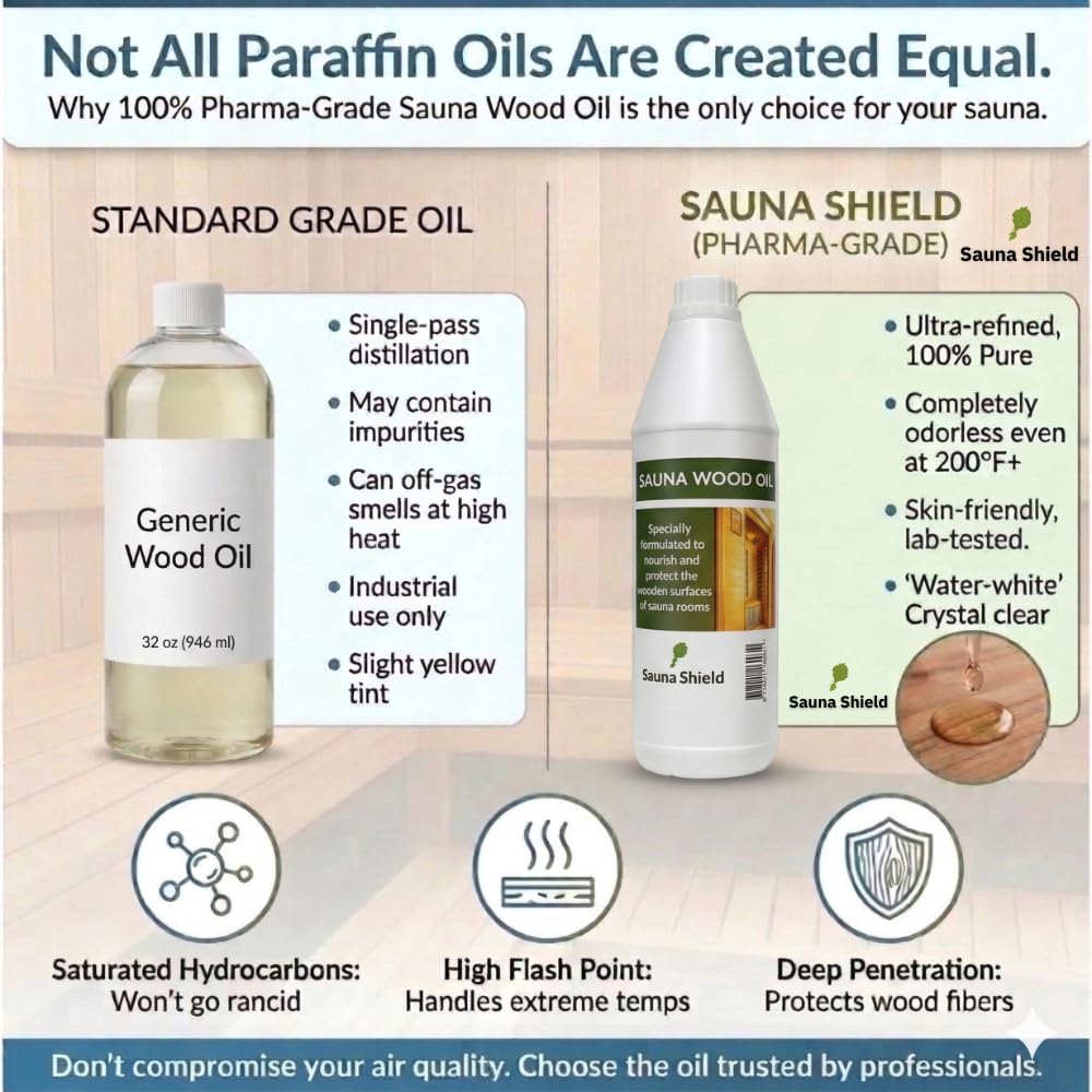 Sauna Shield Sauna Wood Oil - 1 Liter (33.8 fl oz) - 100% Pharma-Grade Paraffin Oil | Protects & Nourishes Sauna Wood | Solvent-Free, Unscented, Covers 150+ Sq Ft | for Traditional & Infrared Saunas