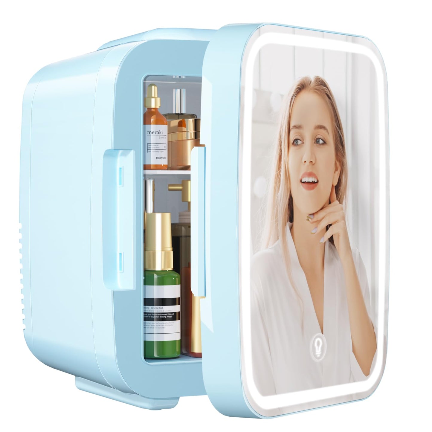 YASHE Skincare Fridge Mini Fridge for Bedroom with Dimmable LED Mirror, 4Liter/6 Cans Cooler and Warmer for Makeup, Cosmetic, Beauty, Portable Refrigerator for Bedroom, Vanity, Office and Car- Blue