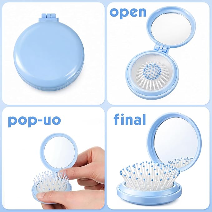 Boao 2 Pack Foldable Travel Mirror Hair Brushes Round Portable Folding Pocket Hair Brush Mini Comb Compact Travel Size Massage Comb for Men Women (Blue,Round)