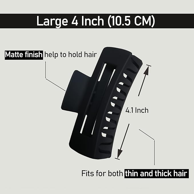 Hair Claw Clips Large Square 4 Inch Matte No Slip Big Rectangle Jaw Clip Clamp for Thick Hair Women, 3 Pack Black