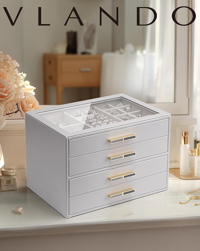 Vlando 4 Layer Jewelry Box for Women, Glass Lid Jewelry Organizer with 4 Drawers for Necklaces Rings Earrings Bracelets - Grey