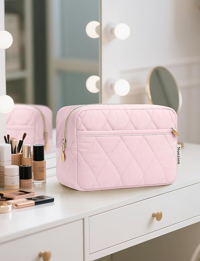 Noozion Makeup Bag Travel Toiletry Bag, Puffy Padded Cosmetic Bag for Women, Makeup Organizer Case, Wide-open Pouch Purse, Travel Essentials
