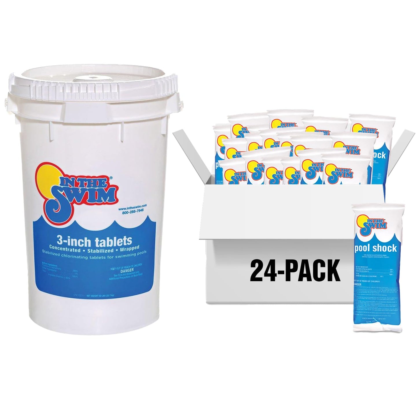 In The Swim Chlorine and Shock Bundle for Sanitizing Swimming Pools – Includes 50 Pound Bucket of 3 Inch Stabilized Chlorine Tablets and 24 x 1 Pound Bags of 68% Cal-Hypo Pool Shock