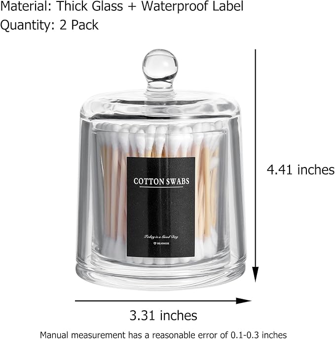 Qtip Holder Thick Glass Apothecary Jars with Lid for Bathroom Accessories Vanity Organizers and Makeup Storage for Cotton Ball, Swabs, Candy, Jewelry, Bathroom Decor, 2 Pack Clear