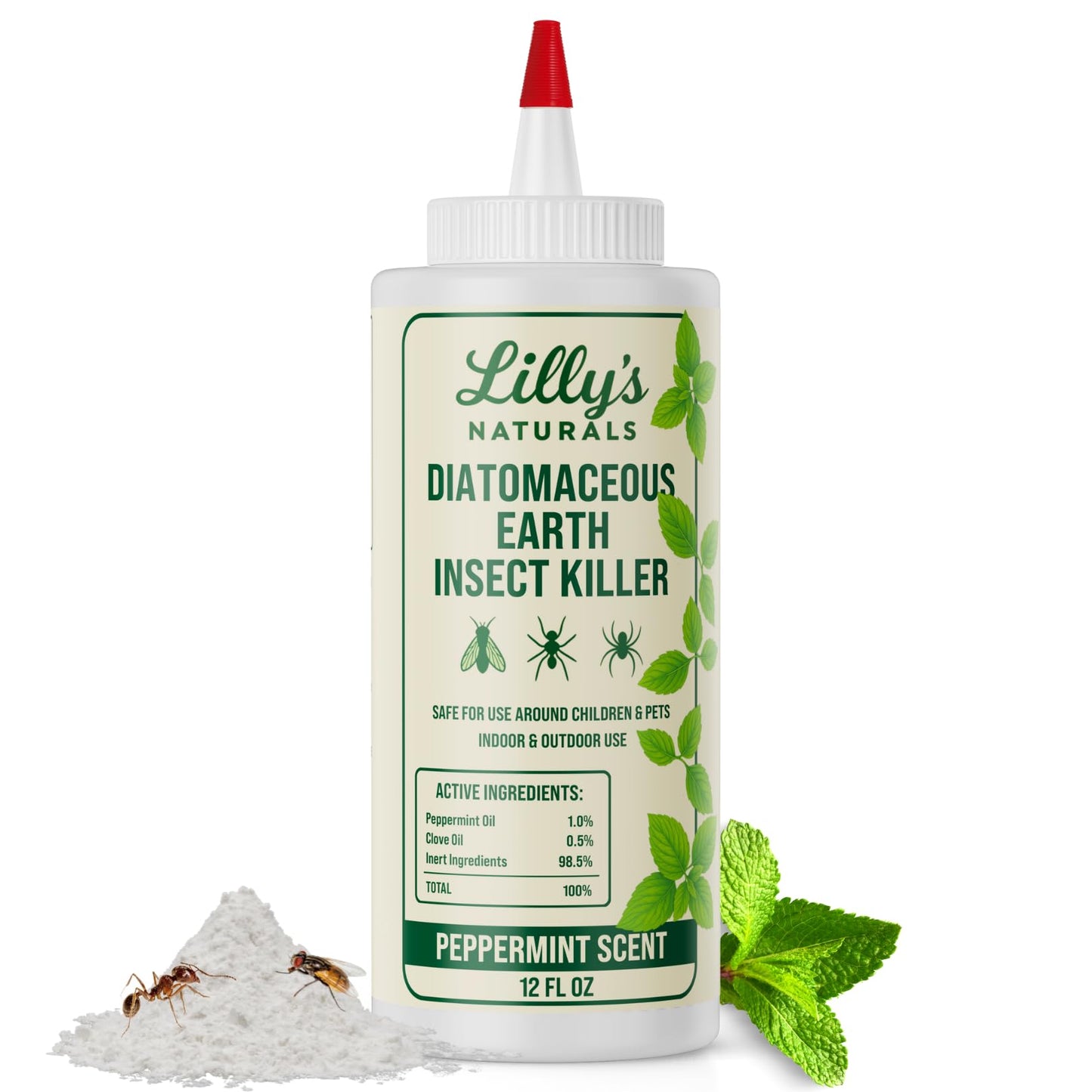 Diatomaceous Earth Food Grade with Peppermint Oil Crawling Insect Killer | Indoor Pest Control Powder for Bed Bug, Roach, Ant, Fleas | Lilly's naturals, 12 fl oz