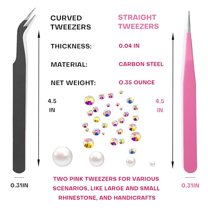 14 Pcs Rhinestone Picker Tool - 3 Pcs Dual-head Pens with 6 Wax Tips, Useful Clay, Precision Curved and Straight Tweezers Kit for Picking Up Nail Art Gems, Stones, Crystals, and Nail Charms