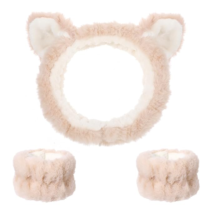 Headbands for Women, Elastic Spa Headband with 2pcs Wristband Set, Cute Plush Cat Ears Puffy Head Band Makeup Hair Band for Washing Face Skincare Yoga Facial Mask(Beige)