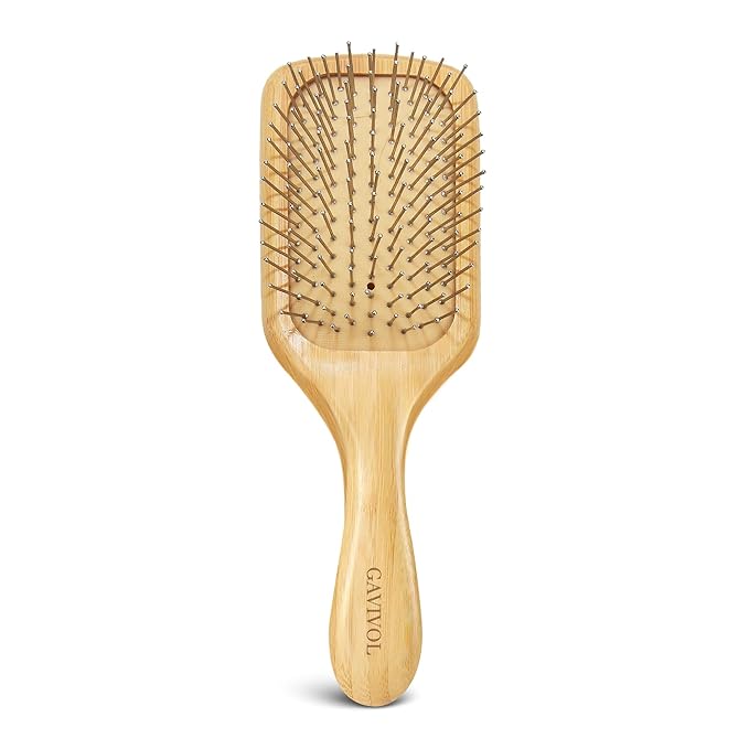 Bamboo Paddle Hair Brush with Metal Bristles Ã¢ÂÂ Boar Bristle Alternative, Anti-Static Detangling & Scalp Massage for Hair Growth Wood Handle All Hair Types for Women, Men & Kids, Wet Brush