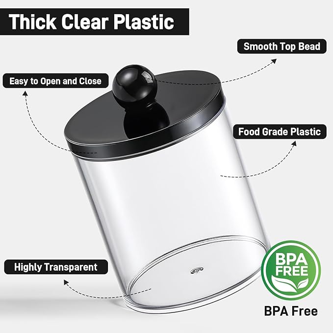 2 Pack Acrylic Qtip Holder Dispenser for Cotton Swabs, Balls, Pads, Floss - Plastic Canister Apothecary Jar Set, Bathroom Essentials Accessories Decor Vanity Makeup Storage Organizer - Clear & Black