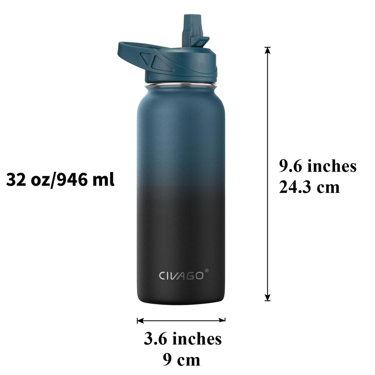 CIVAGO 32 oz Insulated Water Bottle With Straw, Stainless Steel Sports Water Cup Flask with 3 Lids (Straw, Spout and Handle Lid), Wide Mouth Travel Thermal Mug, Lavender