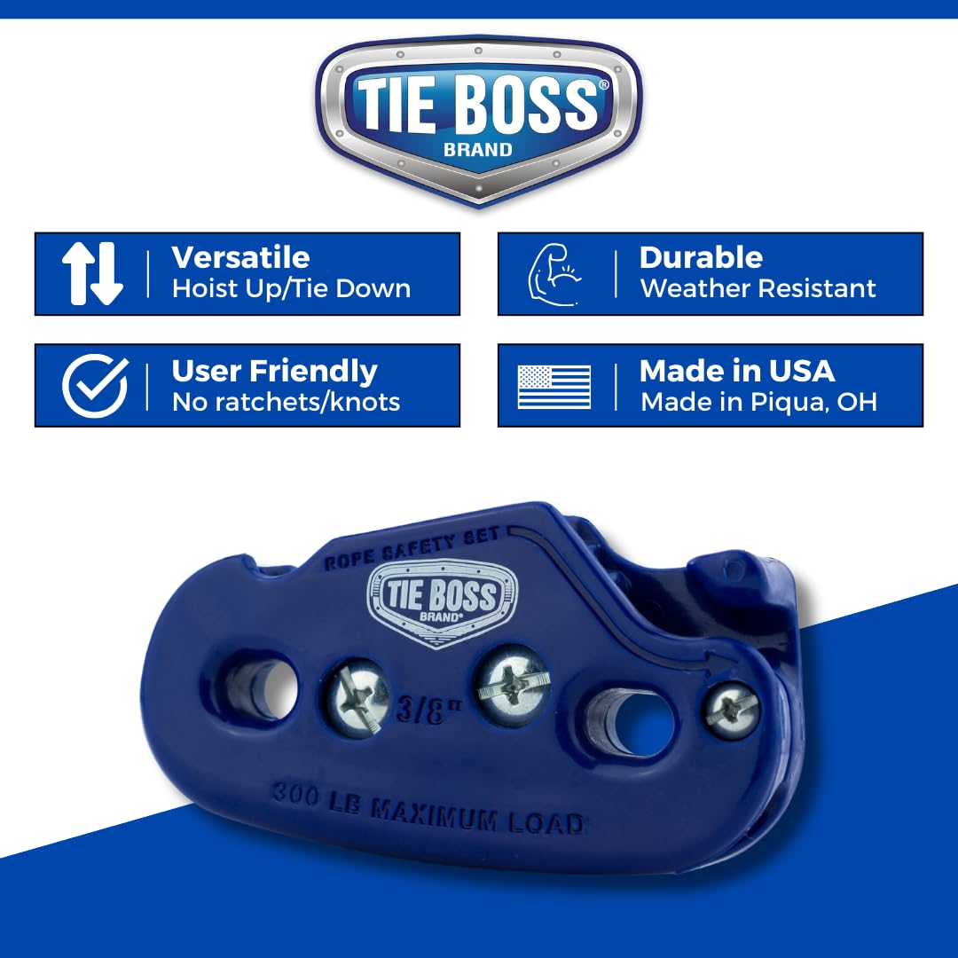 Tie Boss - 3/8 Inch, Heavy Duty, (300 lbs Working Load Limit), Weather Resistant, Tie Down, Rope Tightening System, (w/15 ft Rope) - Blue (Blue)