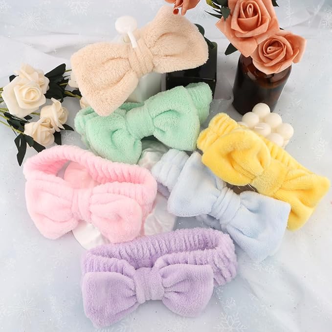 SPA Headbands for Washing Face Makeup Headbands with Bow Laurel Hair Band Women Facial Head Band Wrist Towel Wraps For Shower Face Mask Blue Pink Purple Yellow Green, 6 Pack