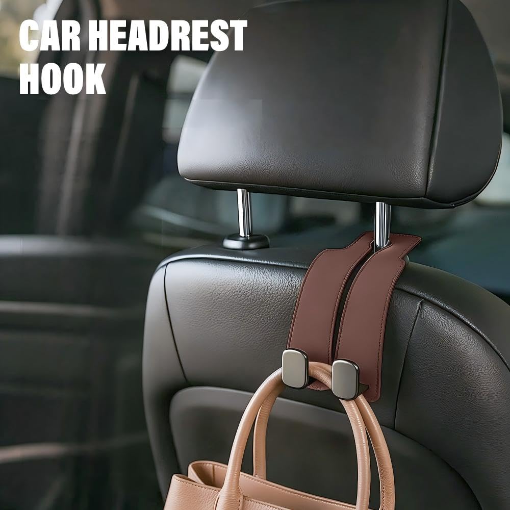 Fauppt Headrest Hooks for Car Car Seat Hooks for Headrest,2026 Hooks for Purses and Bags Cute Car Purse Holder,Twinhook Leather Car Headrest Hangers Seat Back Organizers for Travel (Black*4)