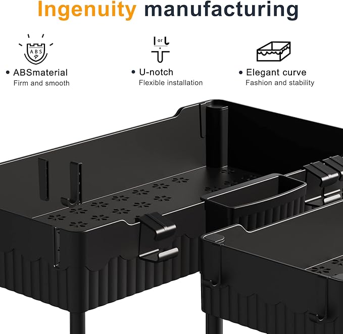 Sevenblue 2 Pack Under Sink Organizer, Under Bathroom Cabinet Organizer with Hooks Hanging Cup, Multi-Purpose Storage Shelf for Kitchen Bathroom (Black, 14.8 Inch)