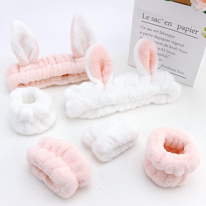 YISSION Cute Bunny Ear Spa Headband and Wristband Set for Women and Girls - Soft Plush Makeup Headband with Wrist Towels for Face Washing, Skincare, Shower, Easter Party Favors (White & Pink)