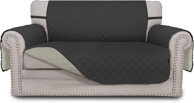 Easy-Going Reversible Loveseat Couch Cover for 2 Cushion Couch Sofa Cover for Dogs Water Resistant Furniture Protector with Foam Sticks Elastic Straps for Pet (Loveseat, Darkgray/Beige)