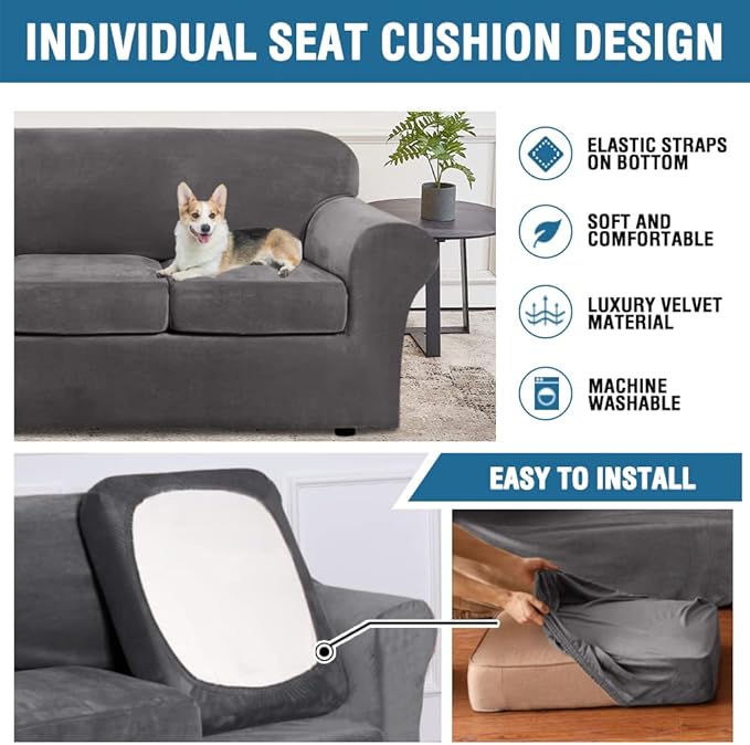 H.VERSAILTEX 4 Pieces Thick Velvet Sofa Covers Couch Covers for 3 Cushion Couch Sofa High Stretch Slipcovers Furniture Protector Form Fit Luxury Couch Cover for Dogs Width Up to 90 Inch(Sofa,Grey)