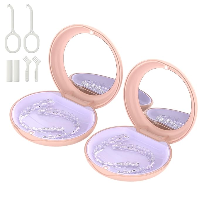 2 Pack Retainer Case with Mirror, Compatible with Invisalign, Slim Aligner Case for Travel, Includes Removal Tools, Seaters & Brush, Magnetic Secure Closure Retainer Box - Pink