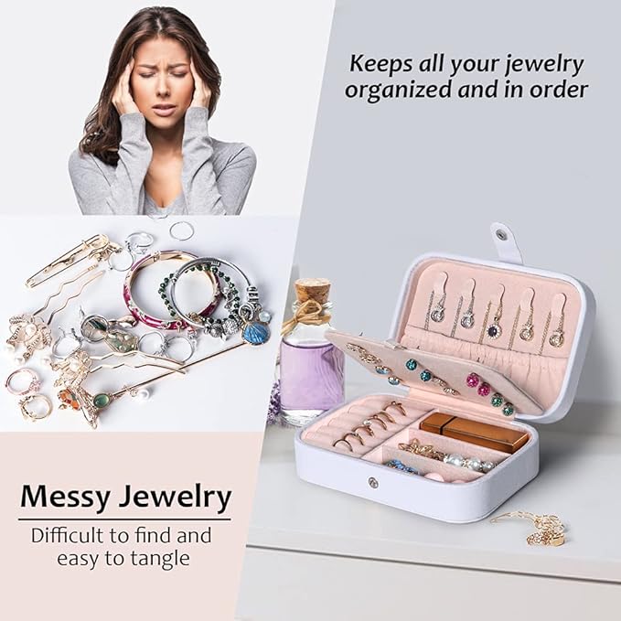 Hatori Travel Jewelry Box, PU Leather Small Jewelry Organizer for Women Girls, Portable Mini Travel Case Display Storage Holder Boxes for Stud Earrings, Rings, Necklaces, Bracelets (White Beige)