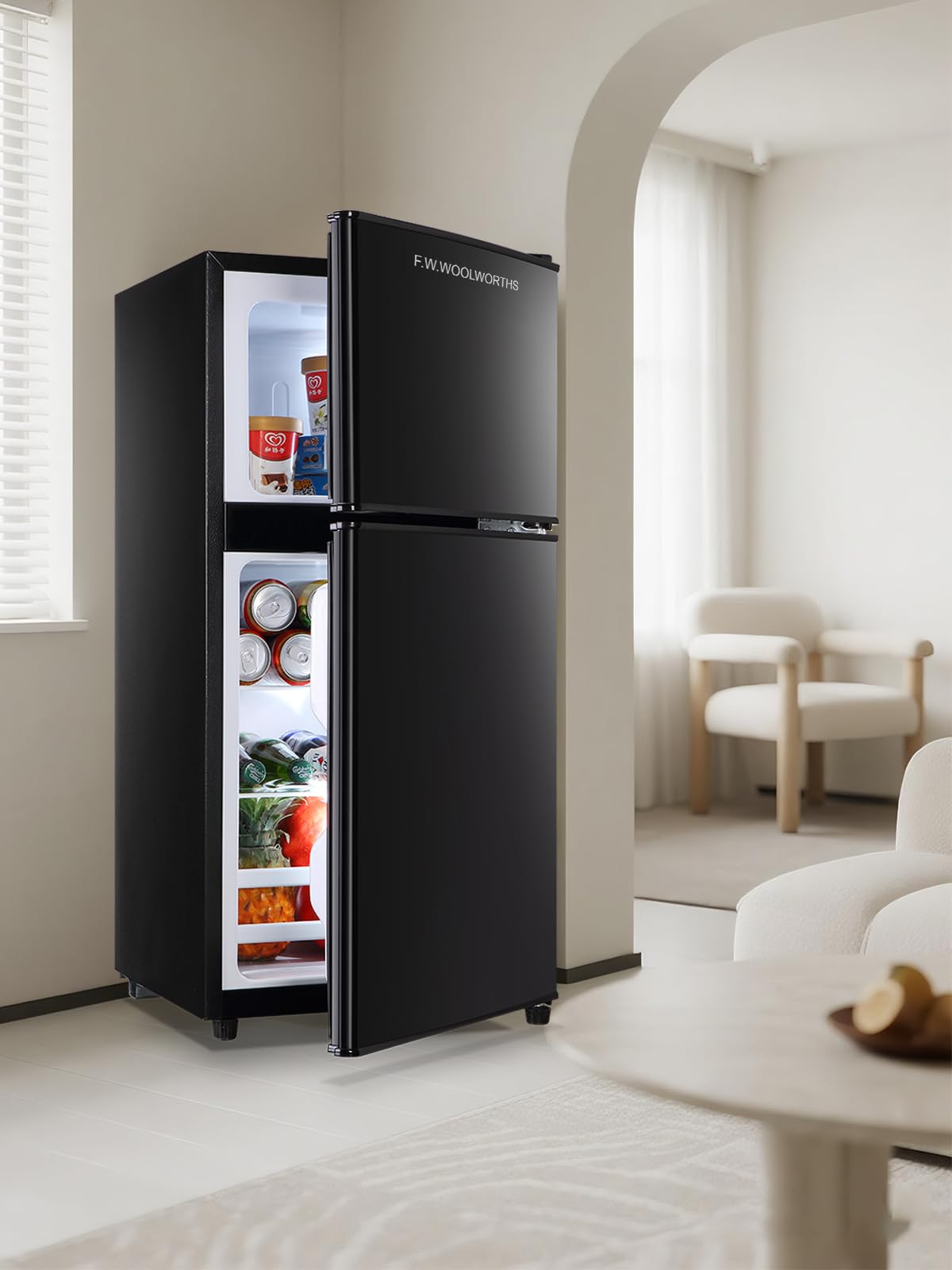F.W.WOOLWORTHS 3.5 Cu.Ft Refrigerator with Freezer, 2-Door Fridge, Adjustable Thermostat, for Dorm, Office, Bedroom, RV, Black