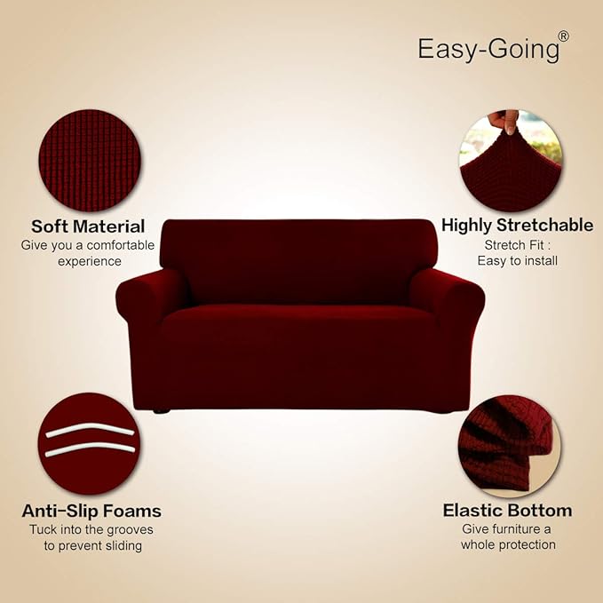 Easy-Going Stretch Sofa Slipcover 1-Piece Sofa Cover Furniture Protector Couch Soft with Elastic Bottom for Kids, Polyester Spandex Jacquard Fabric Small Checks (Sofa, Wine)