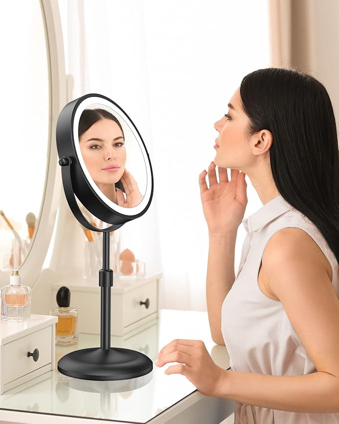 Benbilry Lighted Makeup Mirror with 10X Magnification & 3 Color Lights, Adjustable Brightness & Height, 7 Inch 360° Swivel Rechargeable LED Magnifying Make Up Vanity Mirror with Lighting (Black)