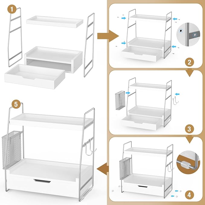 2 Tier Bathroom Counter Organizer Wood - Tiered Bathroom Countertop Shelf with Drawer, Removable Basket & 2 Hooks, Makeup Vanity Organizer for Skincare Perfume Toiletries, 13'' Silver
