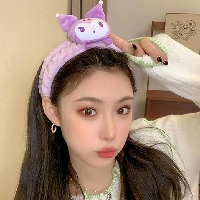 Kawaii Cartoon Headband, Cute Anime Spa Band for Women face Washing Makeup Skincare, Soft Microfiber Coral Shower Fluffy Towel Hairband for Girls (Pkuro)