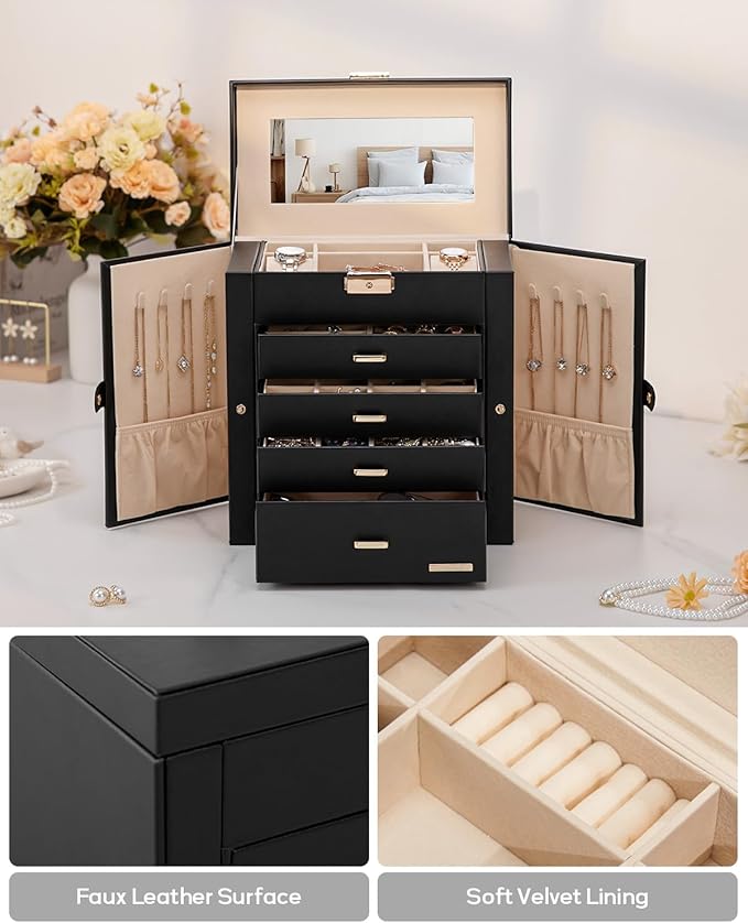 Homde Synthetic Leather Huge Jewelry Box Mirrored Watch Organizer Necklace Ring Earring Storage Lockable Gift Case (Black + Gold)