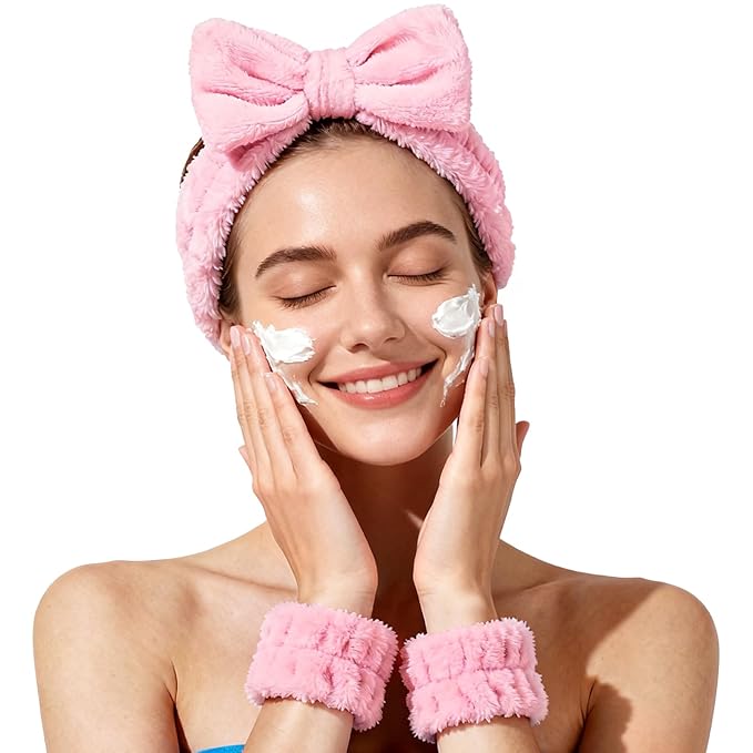 Fmeida Spa Headband and Wrist Band Set for Face Washing Skin Care Headband Pink Hairband 3 Pack