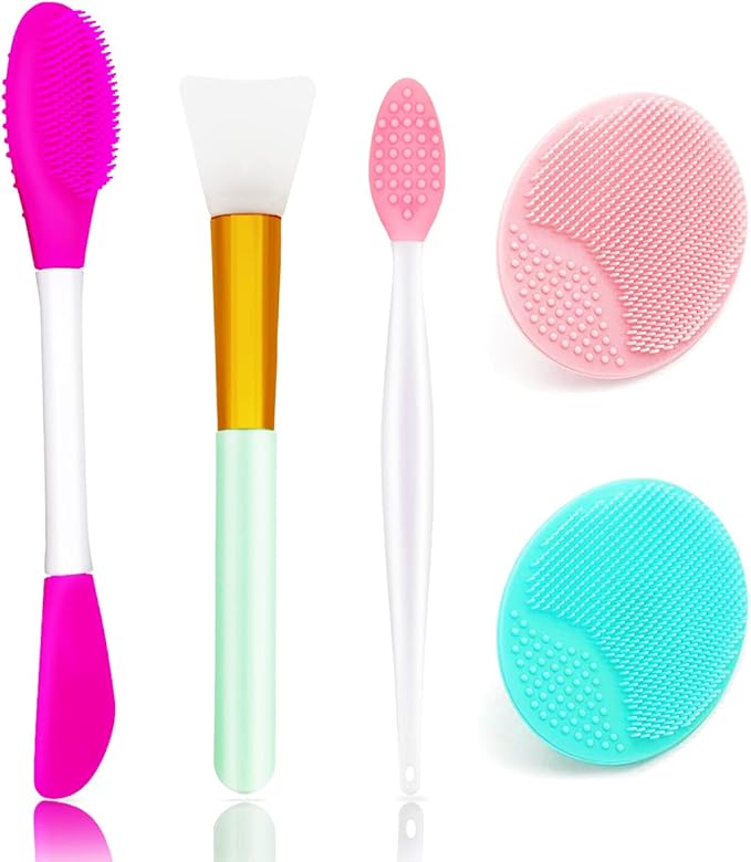 5PCS Silicone Scrubber Set, Lip Scrub Brush, Silicone Face Cleansing Brush, Face Applicator Tool and 2PCS Exfoliating Brushes for Men Women