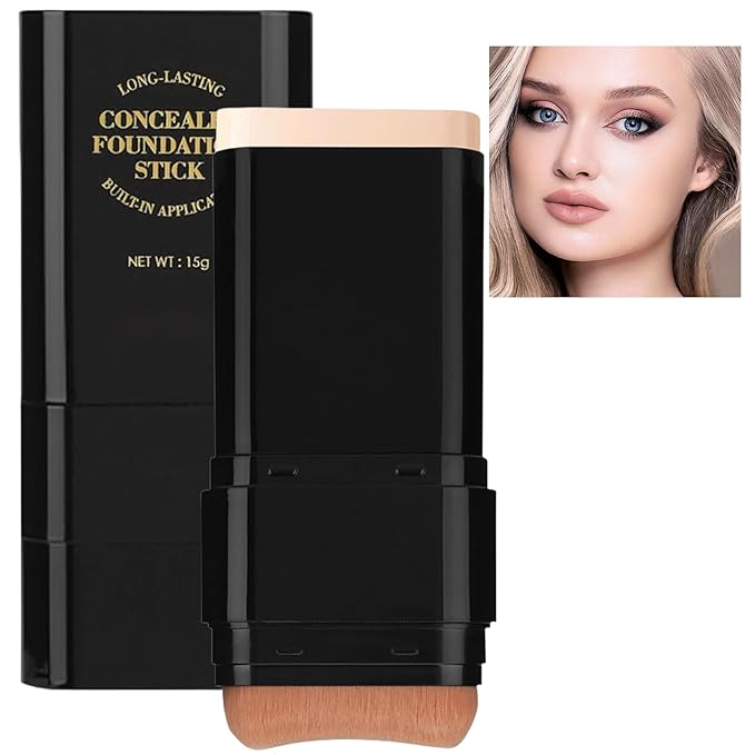 Foundation Stick, 2 in 1 Dual-Ended Long-Lasting Concealer Korean Foundation Contour Stick, Waterproof Contouring foundation with Brush, Full Coverage Matte Finish for Face Makeup(01#IVORY)