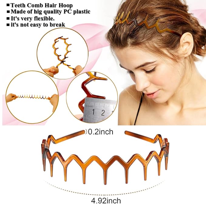 Fashion Wide Zig Zag Headbands for Women and Men - Plastic Wavy Hair Band with Teeth Comb - Classic 90s Hair Accessories for Face Washing Skin Care Makeup Hair Holder Everyday Use