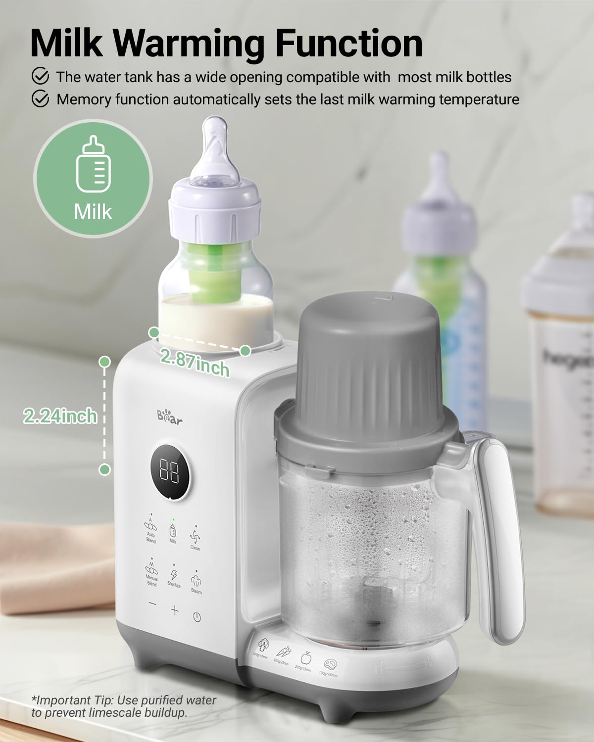 Bear Baby Food Maker with 18.5oz Dual-Layer Steam Baskets, OneStep Baby Food Processor Steamer Puree Blender Grinder Mills, Auto Cooking Grinding&Sterili-zing for Healthy Homemade Baby Food, BPA-Free