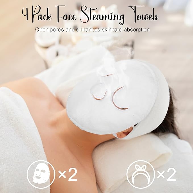 Face Steaming Towel, 4 Pack Reusable Face Towel Mask with Face Washing Headband Cold Hot Compress Facial Steamer Towel Moisturizing Beauty Care Spa Towels for Women Girls Skin Face Care Beauty Salons