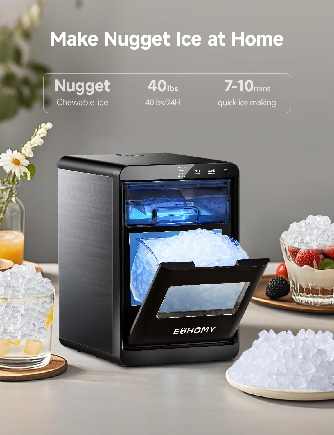 EUHOMY Nugget Ice Maker Countertop, 40Lbs/24H Pebble Ice Maker Machine, Self-Cleaning Countertop Sonic Ice Makers with Ice Scoop&Basket, Pellet Ice Maker Machine for Home/Kitchen/Office