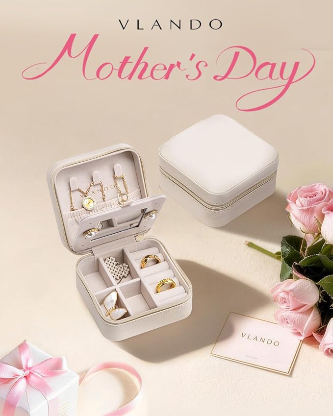 VLANDO Bridesmaid Gifts - Small Travel Jewelry Box Organizer - Wedding Gifts for Girls Women Rings Earrings Necklaces Storage with Mirror - Milky White