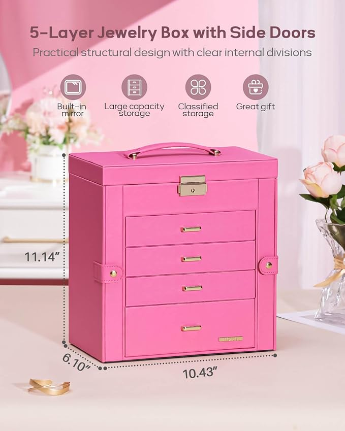 Homde Synthetic Leather Huge Jewelry Box Mirrored Watch Organizer Necklace Ring Earring Storage Lockable Gift Case (Pink + Gold)