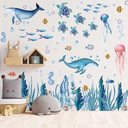 142 Pcs Ocean Wall Decals, Marine Life Peel and Stick with Turtles & Whale Shark, Non-Toxic Vinyl Stickers for Kids Room Nursery Bathroom Decor (Blue)