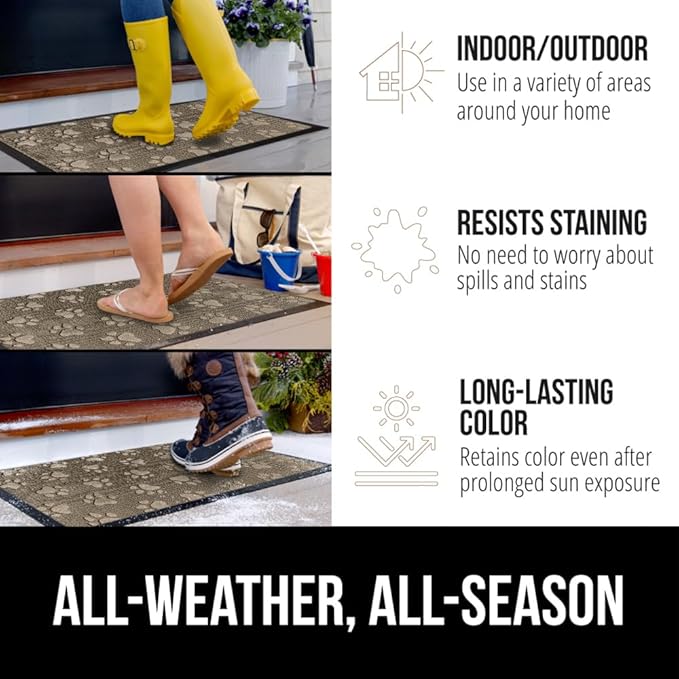 GORILLA GRIP 100% Waterproof All-Season WeatherMAX Doormat US Designed Natural Rubber, Stain and Fade Resistant, Low Profile Indoor Outdoor Door Mats, Easy Clean Patio Mat, 17x29, Tan Pawprints