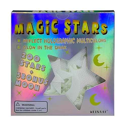 3D Magic Stars - Display Holographic Colors Under Light Source and Glow in The Dark After Absorb Light Source, Glow in The Dark Stars for Ceiling, Wall Stickers Decal