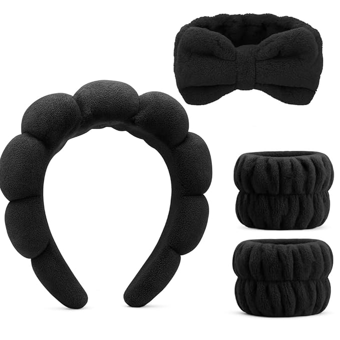 Spa Headbands for Washing Face, Makeup and Skincare. 4 Pc Set of Skin Care Head band with Wristbands. Puffy Terry Cloth, Non Slip Get Ready Hairband for Women, Teens, Girls. Cute Hair Accessories.