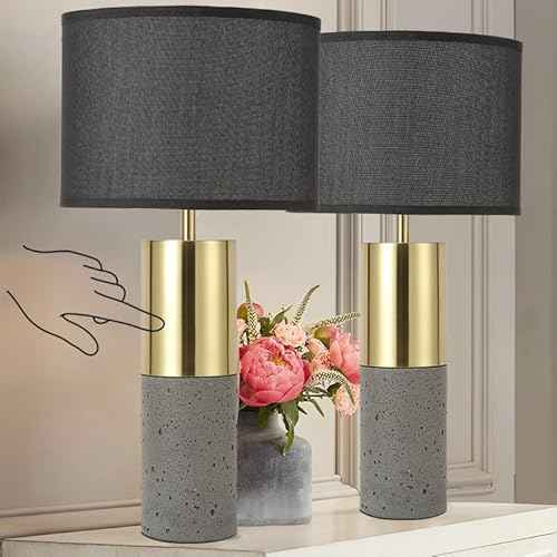 24" Tall Black Gold Set of 2 Nature Concrete Touch Control Table Lamps - 3-Way Dimmable Contemporary Modern Bedside Nightstand for Large End Table Living Room - Bulb Included