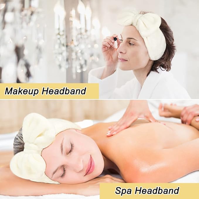 Shintop Spa Headband Soft Carol Fleece Makeup Headband with Cute Bow Elastic Hairand for Washing Face Skincare Facial Mask Bath GiftÃ¯Â¼ÂCreamy WhiteÃ¯Â¼Â