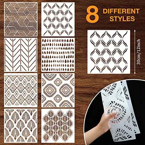 8 Pieces 12 x 12 Inch Herringbone Geometric Wall Stencil Modern Pattern Wall Decor Reusable Film Decorative for Painting, Stencils for Walls (Chic Style)