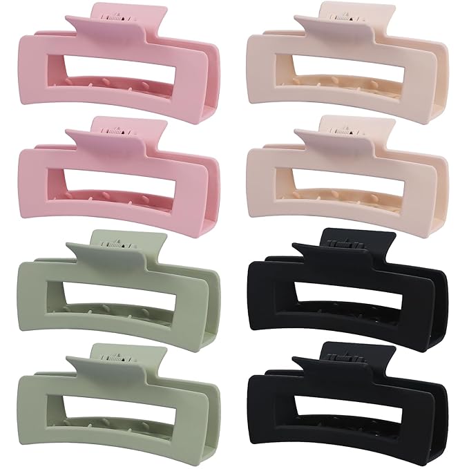 8 Pcs Large Hair Claw Clips 4.1 Inch Non-slip Big Square Matte Hair Claws for Women, Strong Hold Banana Clip for Thick Thin Hair(White/Green/Pink/Black)
